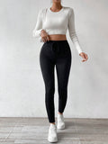 Pure Color Fleece Drawstring Slim Warm High-Waist Outerwear Leggings - Outdoors & Sports Tinker Time