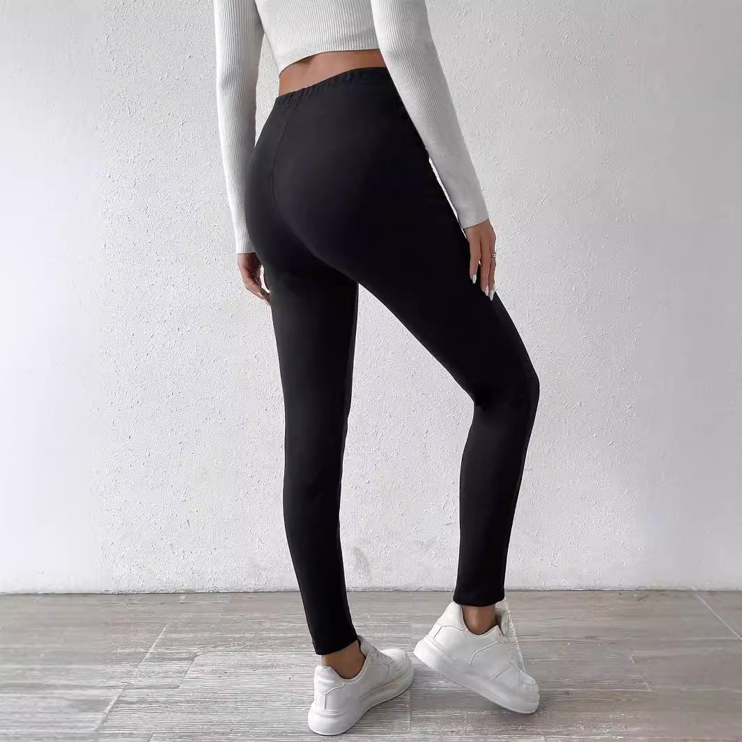 Pure Color Fleece Drawstring Slim Warm High-Waist Outerwear Leggings - Outdoors & Sports Tinker Time