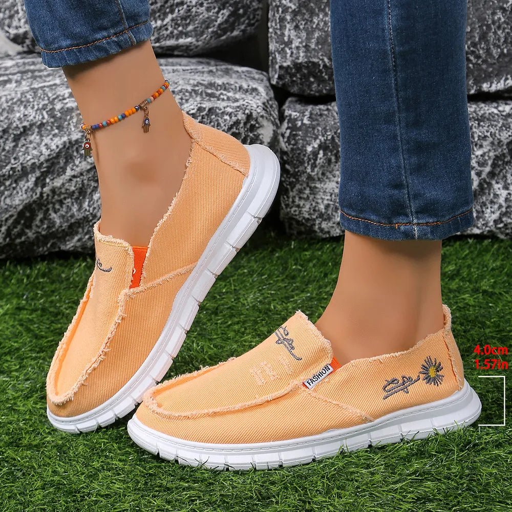 Raw Edge Round Toe Embroidery Flat Slip-Ons - Outdoors & Sports Tinker Time