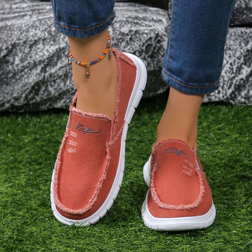 Raw Edge Round Toe Embroidery Flat Slip-Ons - Outdoors & Sports Tinker Time