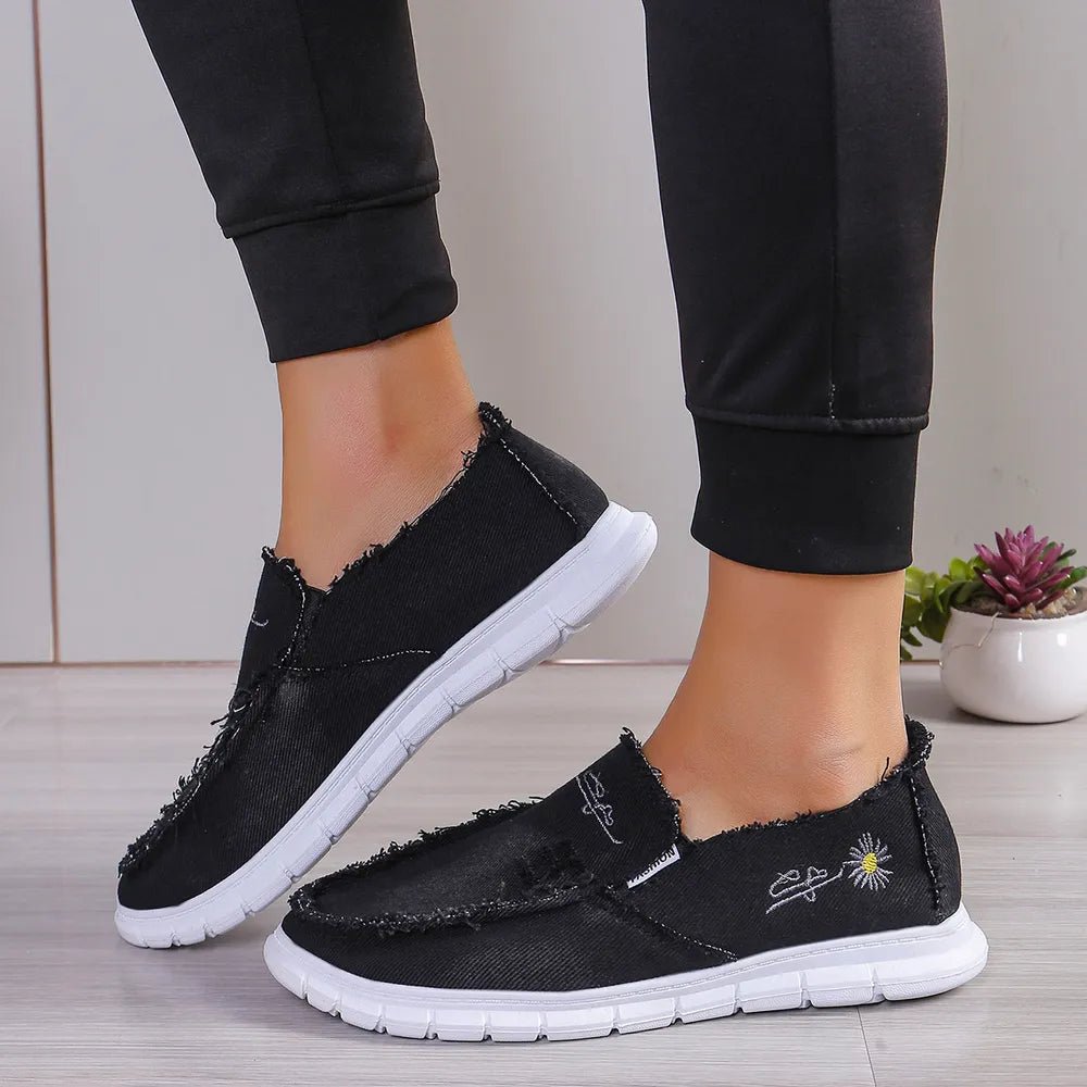 Raw Edge Round Toe Embroidery Flat Slip-Ons - Outdoors & Sports Tinker Time