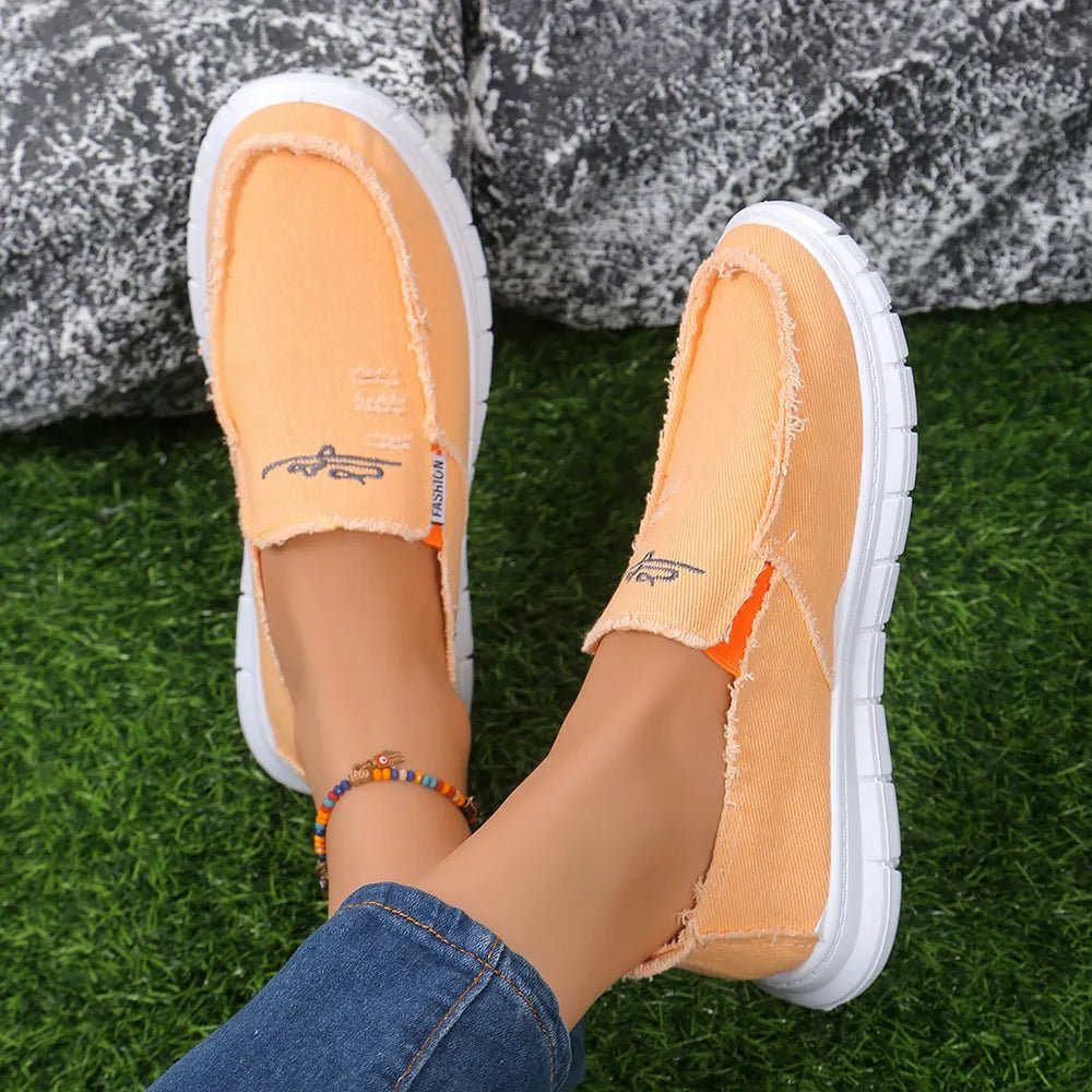 Raw Edge Round Toe Embroidery Flat Slip-Ons - Outdoors & Sports Tinker Time