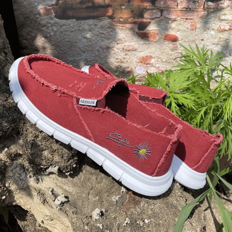 Raw Edge Round Toe Embroidery Flat Slip-Ons - Outdoors & Sports Tinker Time