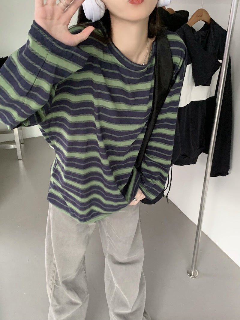 Round Neck Striped Long Sleeve T-Shirt Women Fashion Loose Slim Fit Casual Student Split Top - Outdoors & Sports Tinker Time