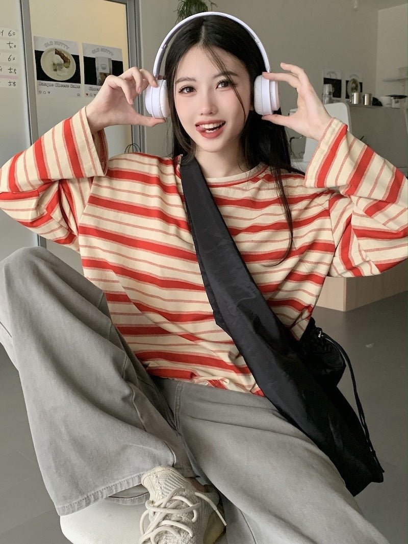Round Neck Striped Long Sleeve T-Shirt Women Fashion Loose Slim Fit Casual Student Split Top - Outdoors & Sports Tinker Time