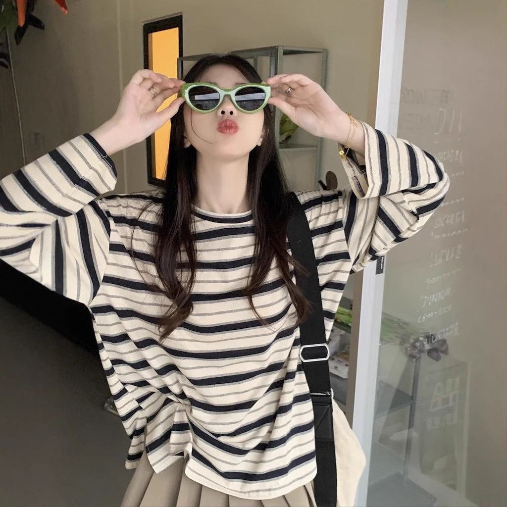 Round Neck Striped Long Sleeve T-Shirt Women Fashion Loose Slim Fit Casual Student Split Top - Outdoors & Sports Tinker Time
