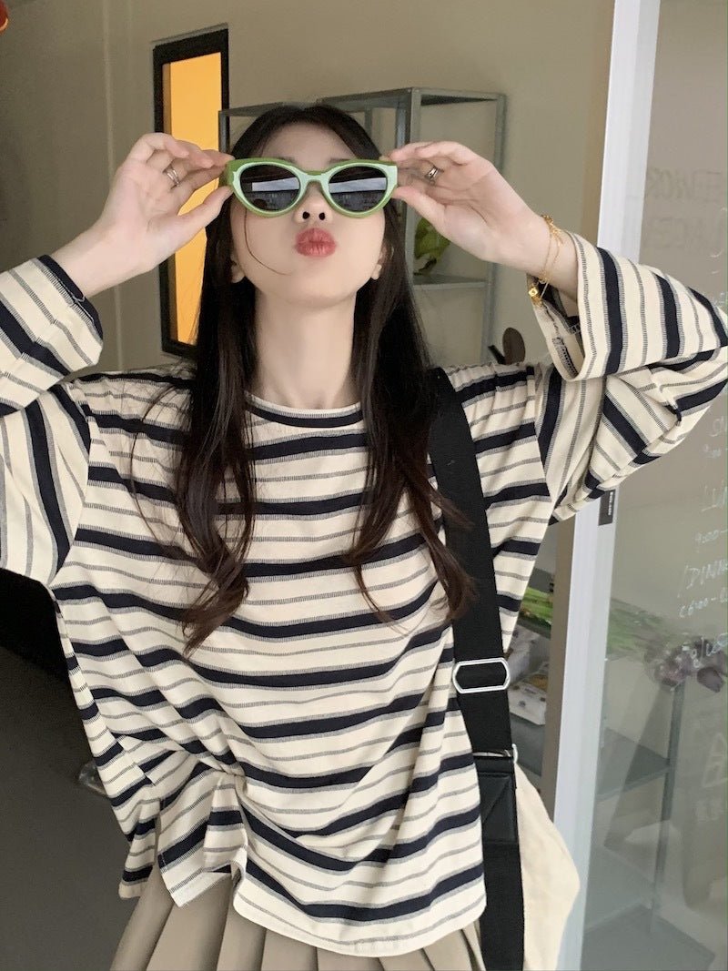 Round Neck Striped Long Sleeve T-Shirt Women Fashion Loose Slim Fit Casual Student Split Top - Outdoors & Sports Tinker Time