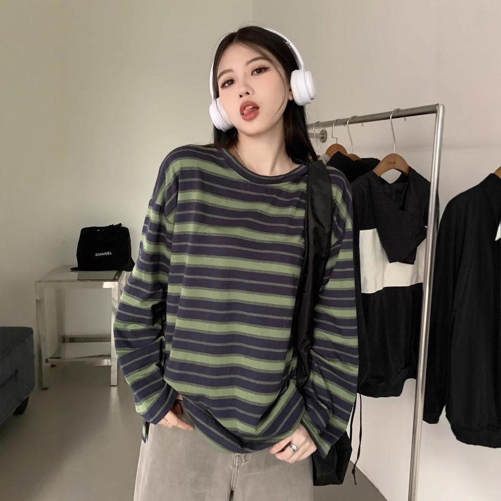 Round Neck Striped Long Sleeve T-Shirt Women Fashion Loose Slim Fit Casual Student Split Top - Outdoors & Sports Tinker Time