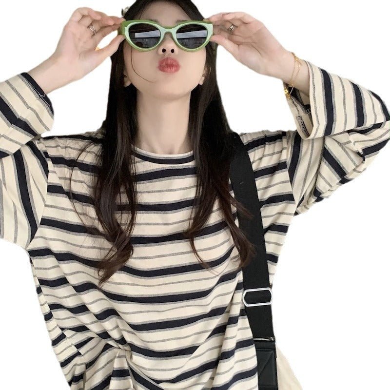 Round Neck Striped Long Sleeve T-Shirt Women Fashion Loose Slim Fit Casual Student Split Top - Outdoors & Sports Tinker Time