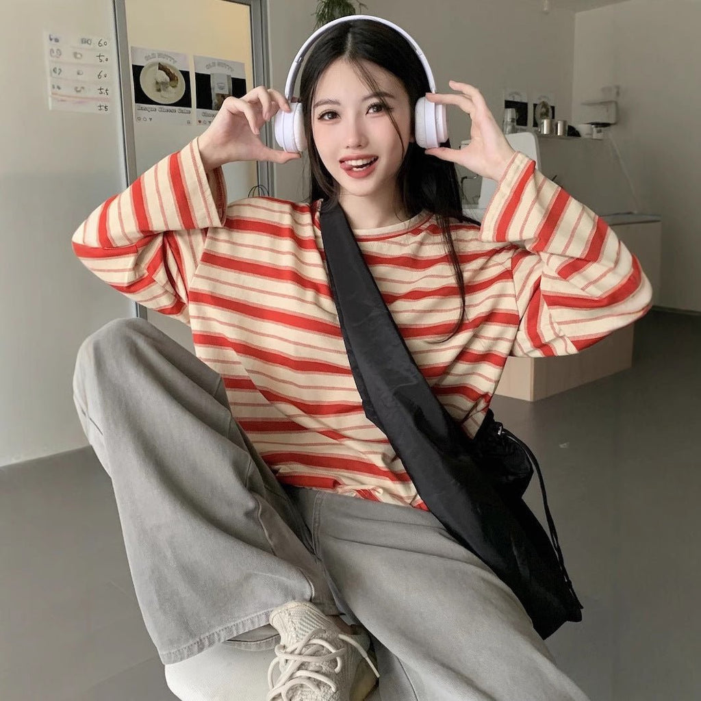 Round Neck Striped Long Sleeve T-Shirt Women Fashion Loose Slim Fit Casual Student Split Top - Outdoors & Sports Tinker Time