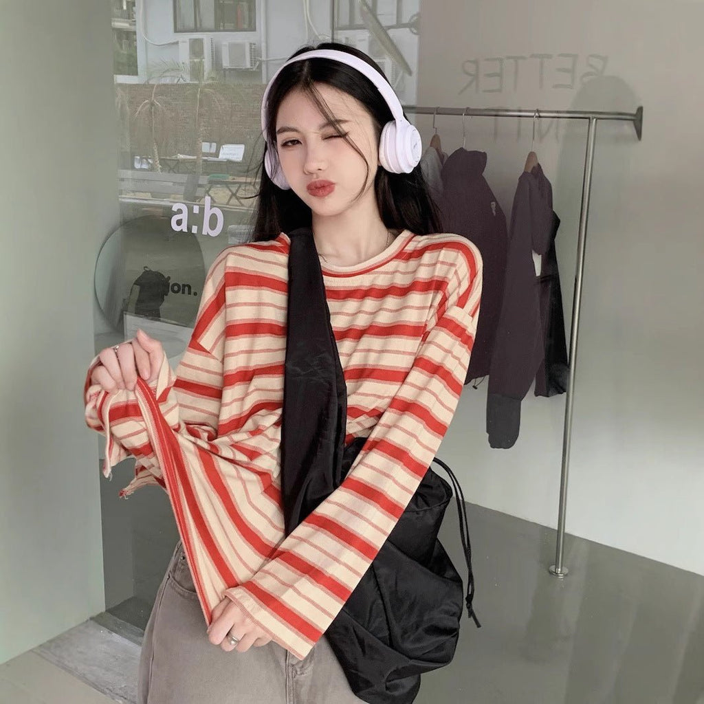 Round Neck Striped Long Sleeve T-Shirt Women Fashion Loose Slim Fit Casual Student Split Top - Outdoors & Sports Tinker Time