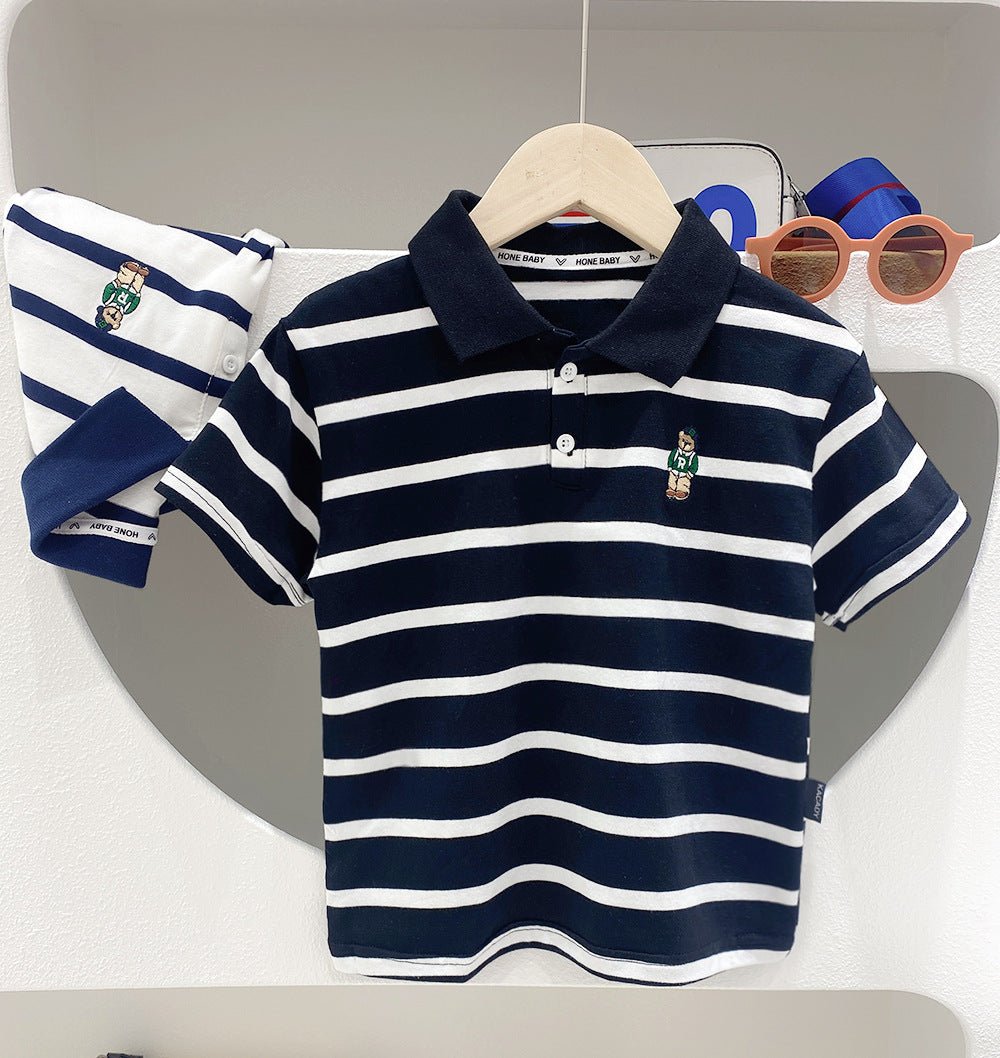 Short Sleeve T-Shirt Turn-Down Collar Striped Baby Trendy T-Shirt for Kids - Outdoors & Sports Tinker Time