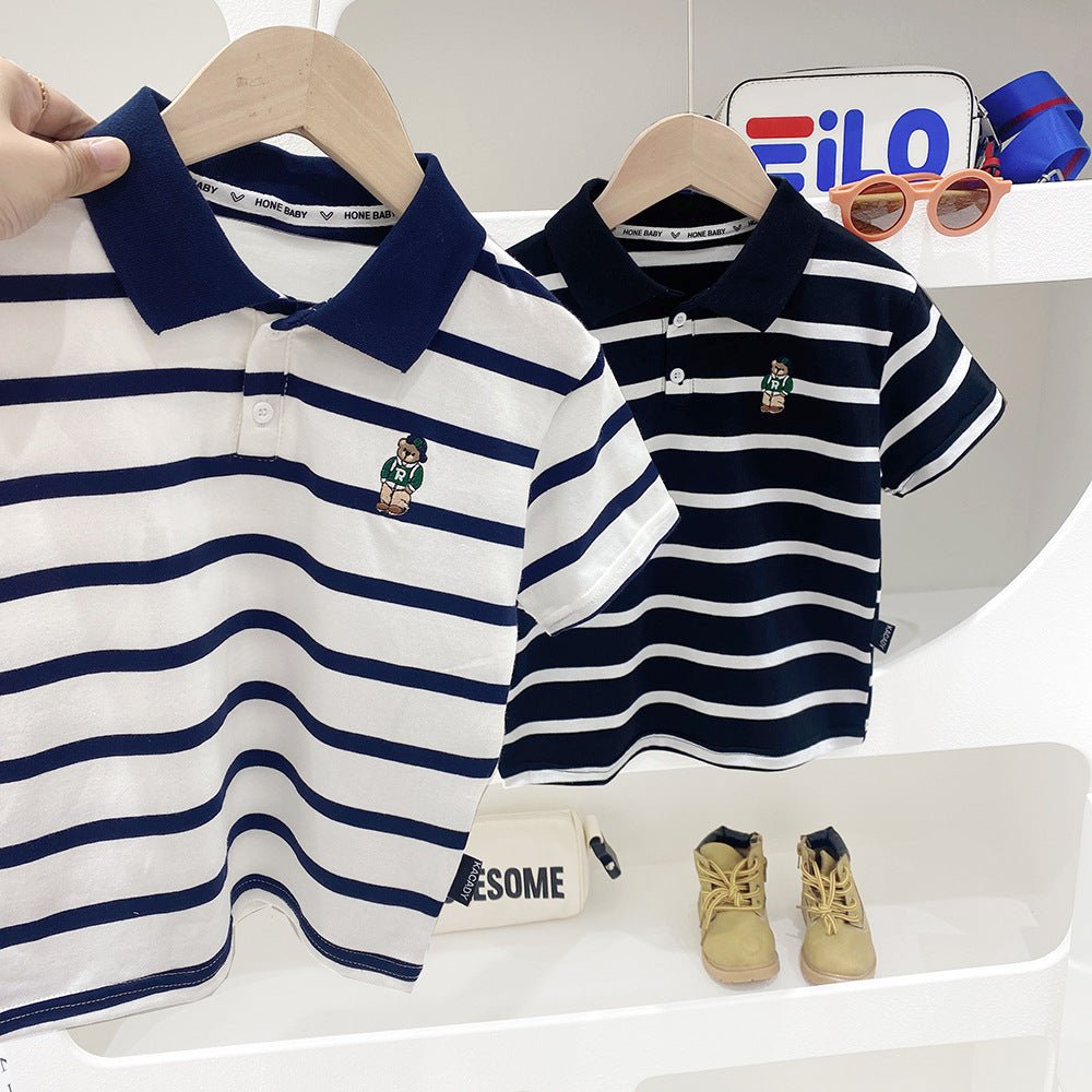 Short Sleeve T-Shirt Turn-Down Collar Striped Baby Trendy T-Shirt for Kids - Outdoors & Sports Tinker Time