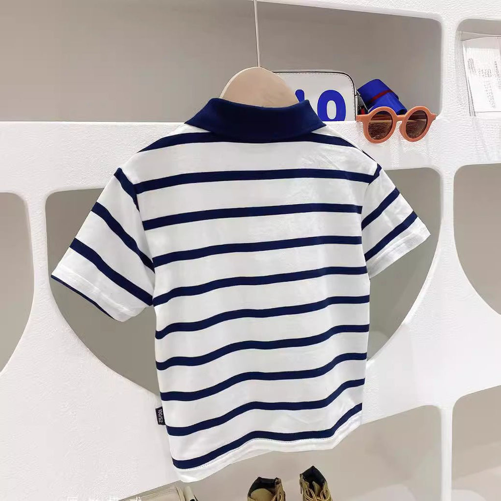 Short Sleeve T-Shirt Turn-Down Collar Striped Baby Trendy T-Shirt for Kids - Outdoors & Sports Tinker Time