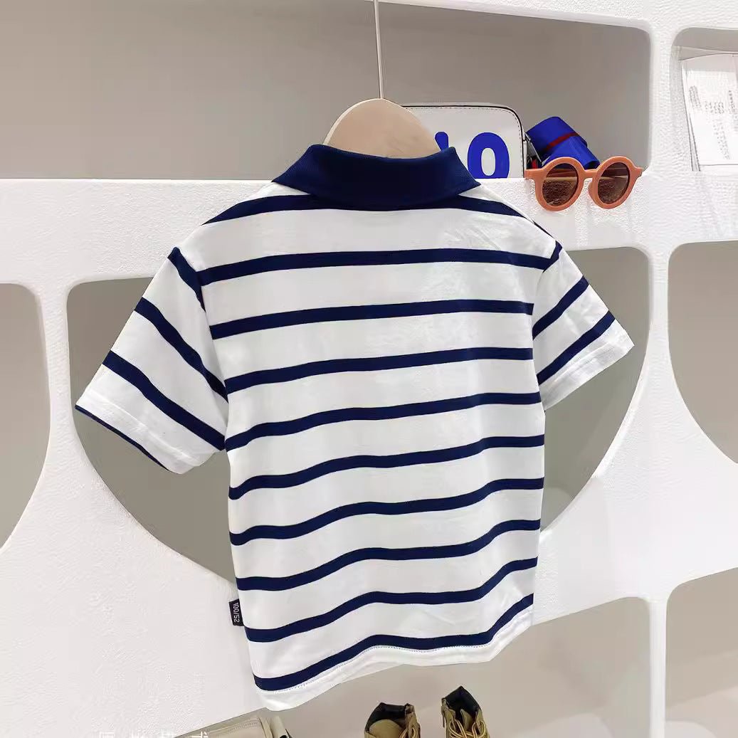 Short Sleeve T-Shirt Turn-Down Collar Striped Baby Trendy T-Shirt for Kids - Outdoors & Sports Tinker Time