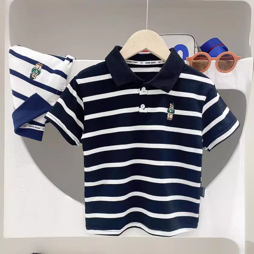 Short Sleeve T-Shirt Turn-Down Collar Striped Baby Trendy T-Shirt for Kids - Outdoors & Sports Tinker Time