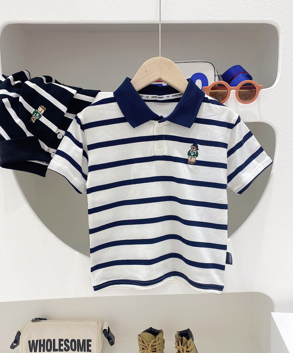 Short Sleeve T-Shirt Turn-Down Collar Striped Baby Trendy T-Shirt for Kids - Outdoors & Sports Tinker Time