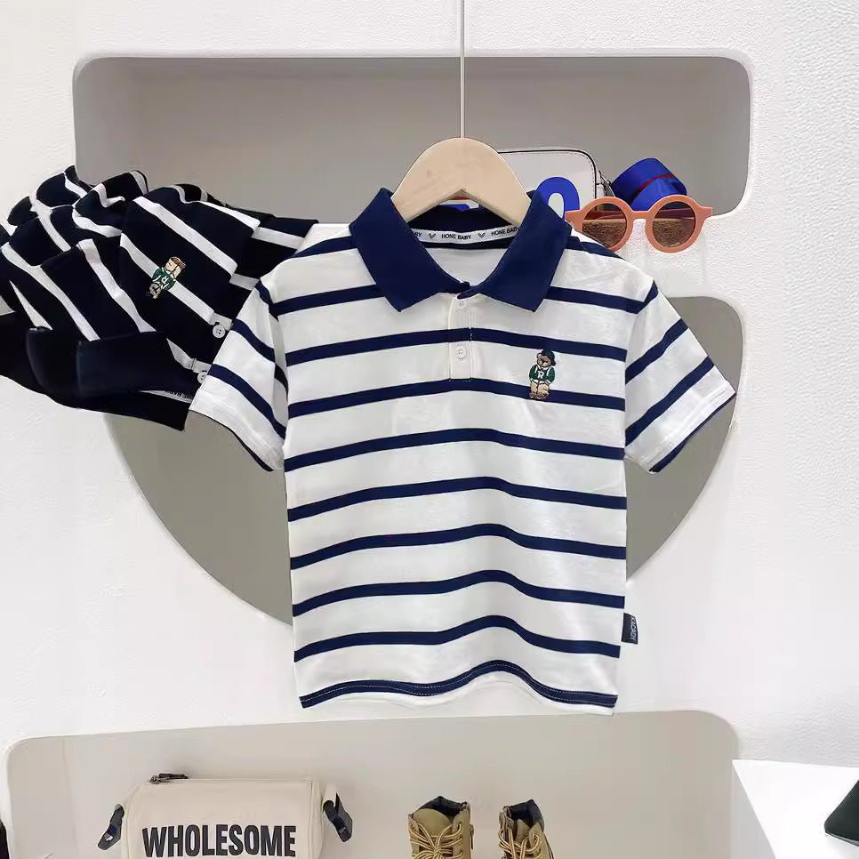 Short Sleeve T-Shirt Turn-Down Collar Striped Baby Trendy T-Shirt for Kids - Outdoors & Sports Tinker Time