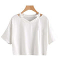 Shoulder Hollow Out Solid Color V-Neck Short Sleeve Loose Daily Women's Top - Outdoors & Sports Tinker Time