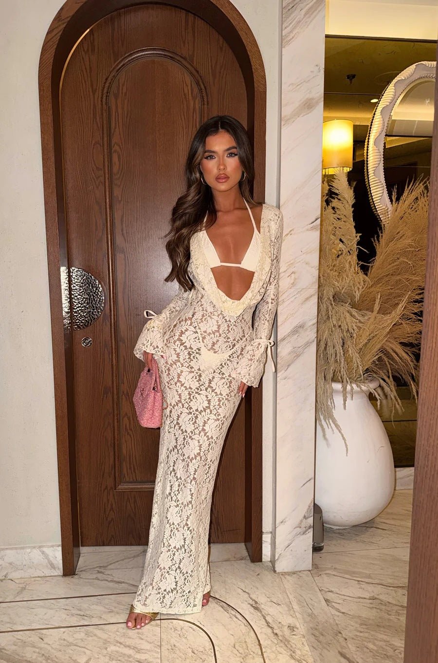 Solid color sexy lace long sleeved dress three piece set mesh swimsuit bikini - Outdoors & Sports Tinker Time