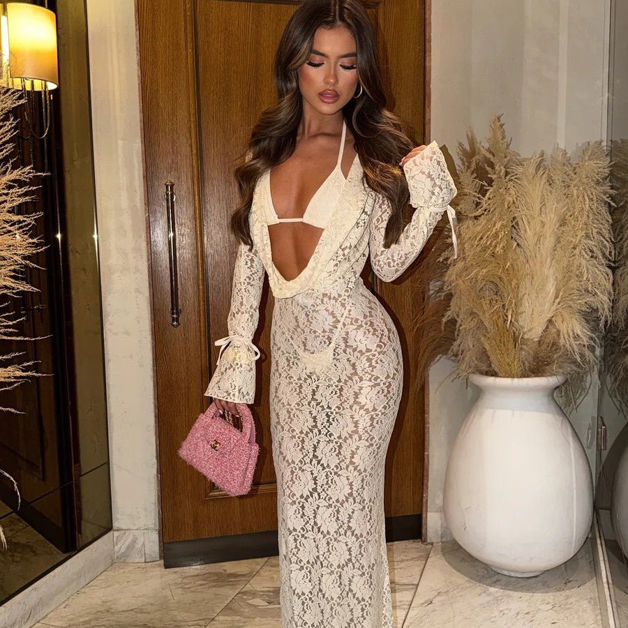 Solid color sexy lace long sleeved dress three piece set mesh swimsuit bikini - Outdoors & Sports Tinker Time
