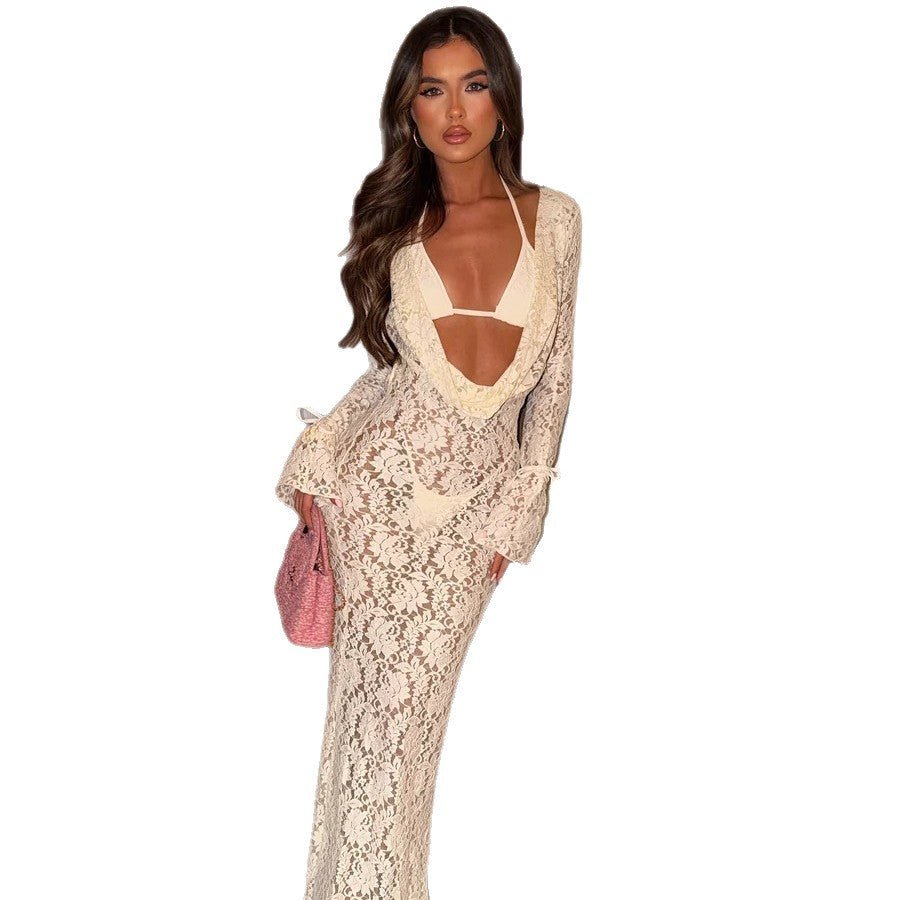 Solid color sexy lace long sleeved dress three piece set mesh swimsuit bikini - Outdoors & Sports Tinker Time