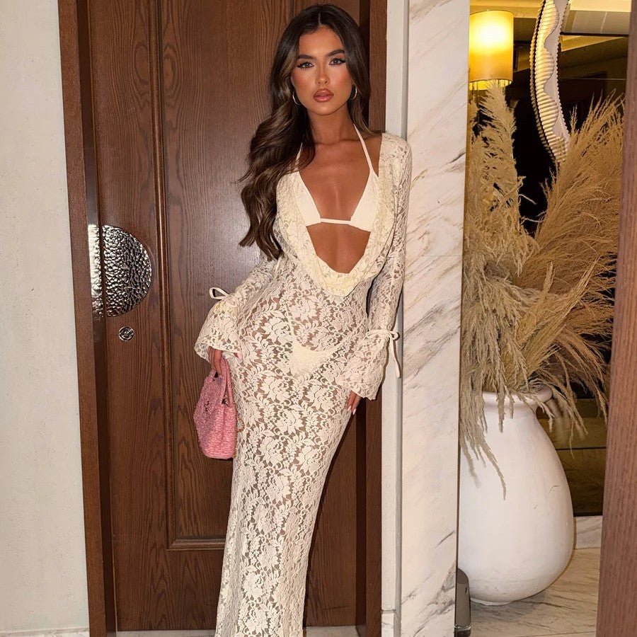 Solid color sexy lace long sleeved dress three piece set mesh swimsuit bikini - Outdoors & Sports Tinker Time