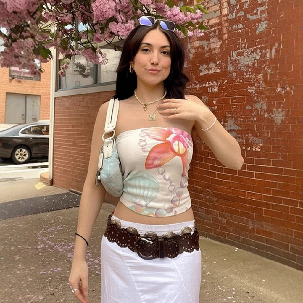 Street Style Vacation Island Shell Print Off-Shoulder Fitted Wrap Crop Top Women's Sexy Tight Versatile Top - Outdoors & Sports Tinker Time