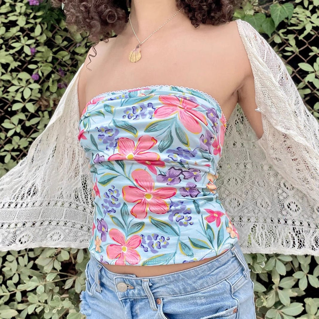 Street Style Vacation Island Shell Print Off-Shoulder Fitted Wrap Crop Top Women's Sexy Tight Versatile Top - Outdoors & Sports Tinker Time