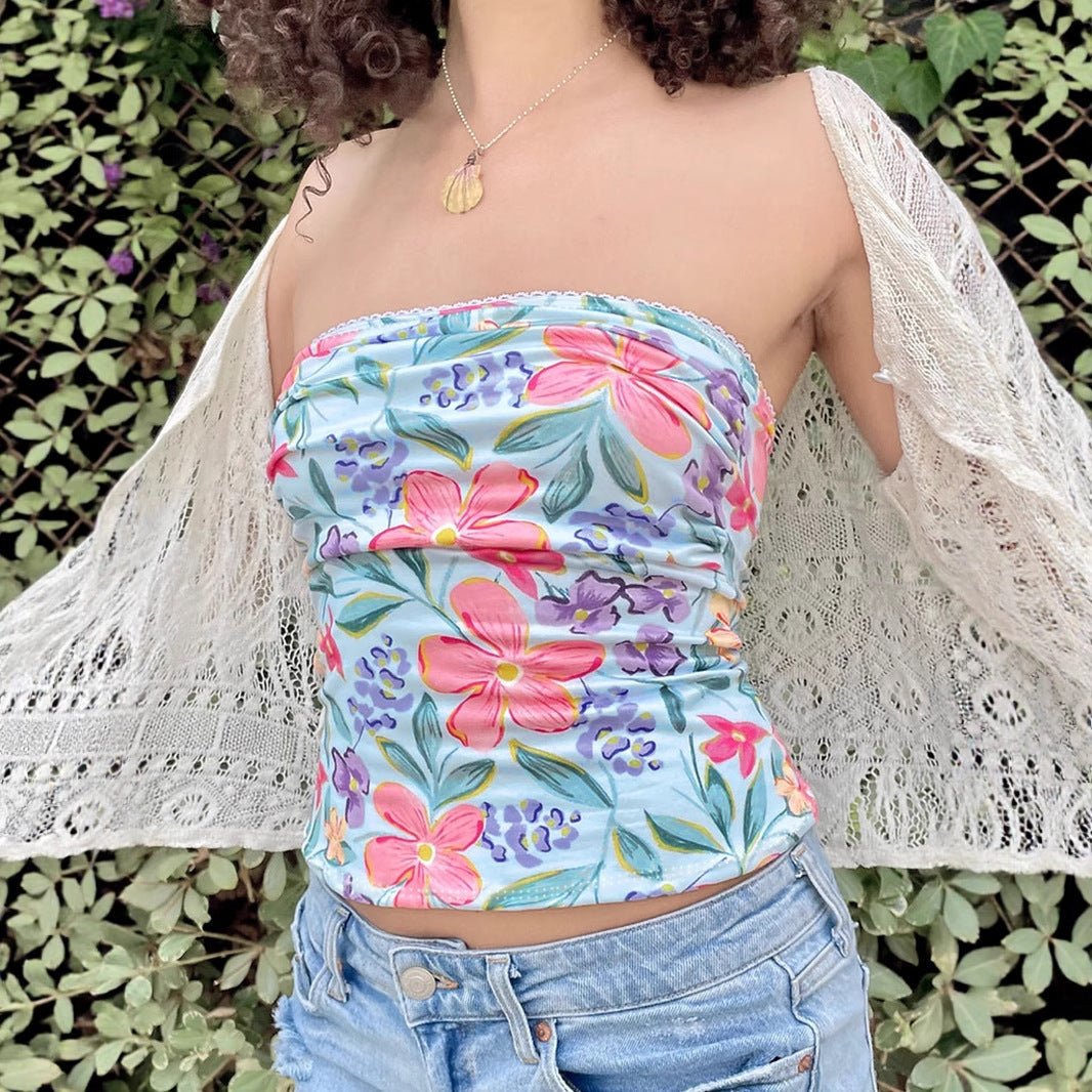 Street Style Vacation Island Shell Print Off-Shoulder Fitted Wrap Crop Top Women's Sexy Tight Versatile Top - Outdoors & Sports Tinker Time
