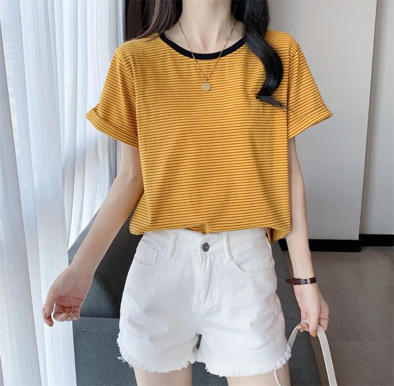 Striped T-Shirt Short Sleeve Women's Summer Casual Round Neck Loose Fit Trendy Minimalist Student Top - Outdoors & Sports Tinker Time
