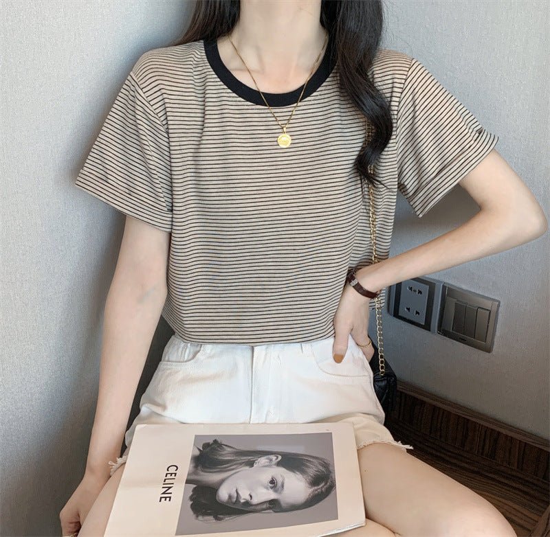 Striped T-Shirt Short Sleeve Women's Summer Casual Round Neck Loose Fit Trendy Minimalist Student Top - Outdoors & Sports Tinker Time