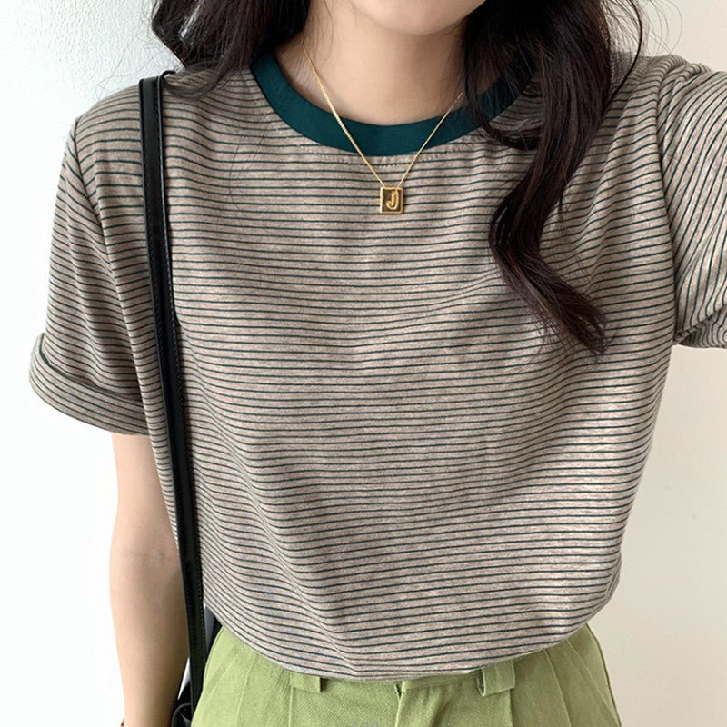 Striped T-Shirt Short Sleeve Women's Summer Casual Round Neck Loose Fit Trendy Minimalist Student Top - Outdoors & Sports Tinker Time