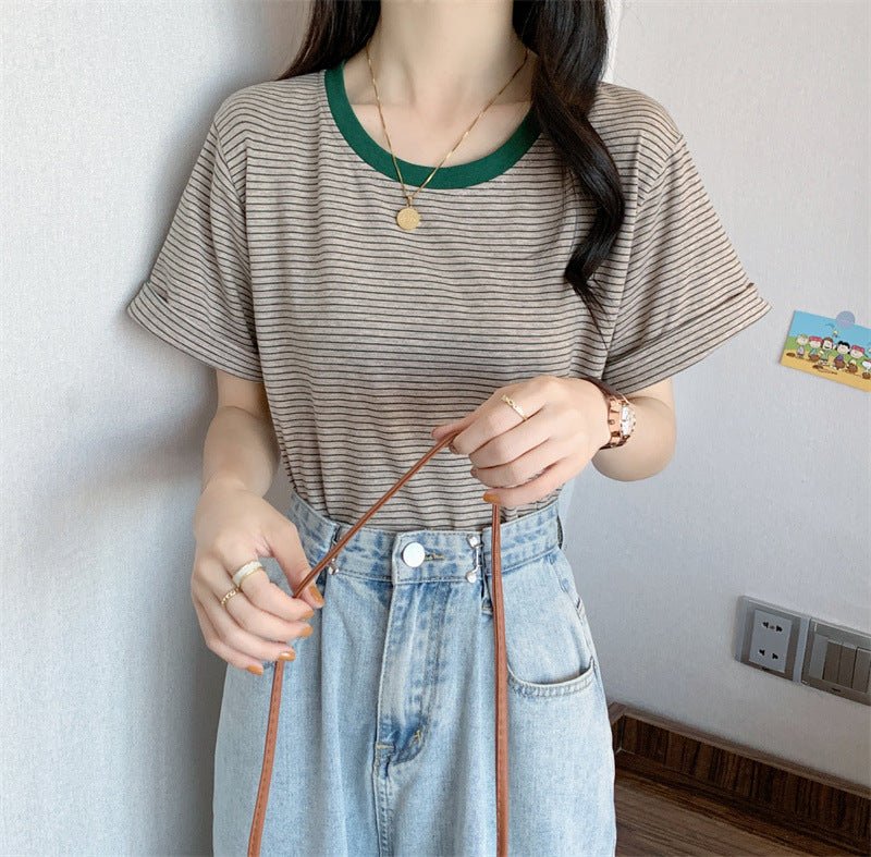 Striped T-Shirt Short Sleeve Women's Summer Casual Round Neck Loose Fit Trendy Minimalist Student Top - Outdoors & Sports Tinker Time