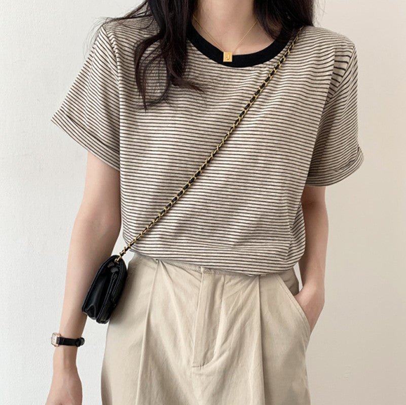 Striped T-Shirt Short Sleeve Women's Summer Casual Round Neck Loose Fit Trendy Minimalist Student Top - Outdoors & Sports Tinker Time