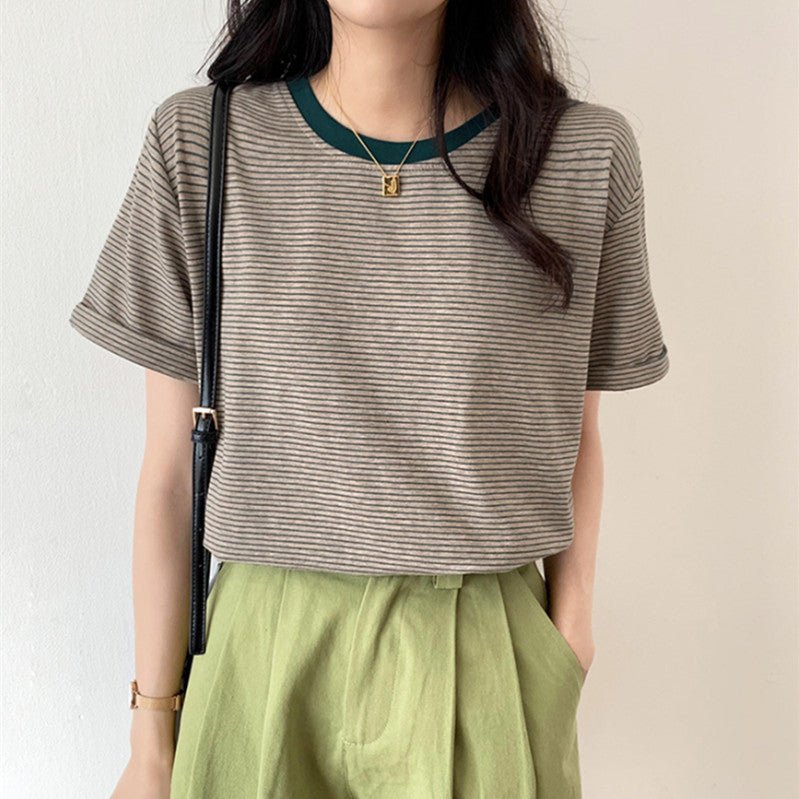 Striped T-Shirt Short Sleeve Women's Summer Casual Round Neck Loose Fit Trendy Minimalist Student Top - Outdoors & Sports Tinker Time