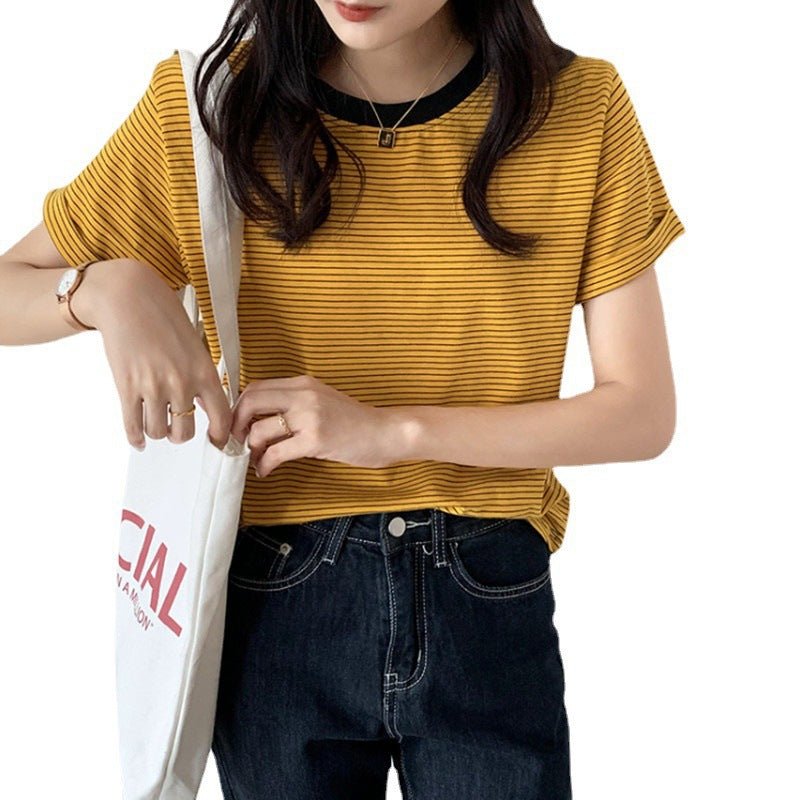 Striped T-Shirt Short Sleeve Women's Summer Casual Round Neck Loose Fit Trendy Minimalist Student Top - Outdoors & Sports Tinker Time