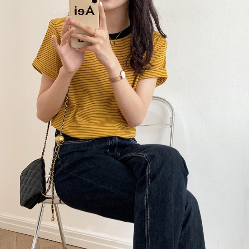Striped T-Shirt Short Sleeve Women's Summer Casual Round Neck Loose Fit Trendy Minimalist Student Top - Outdoors & Sports Tinker Time