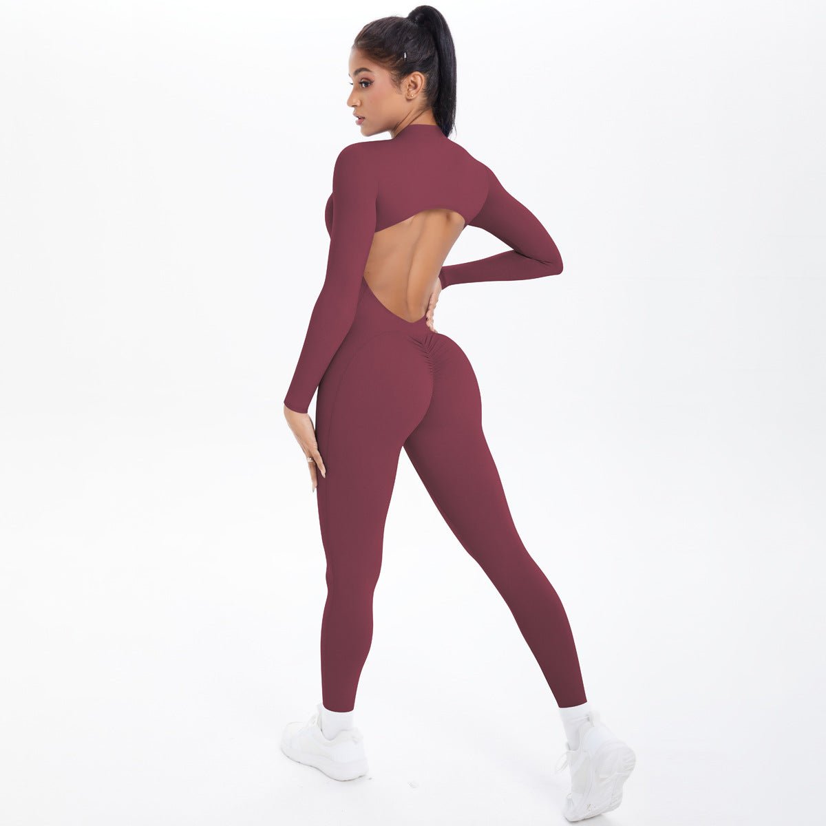 Style Half-Zip Yoga Jumpsuit, Bare-Skin Feel Slim Fit High Elastic Fitness Long Sleeve Long Pants Yoga Wear - Outdoors & Sports Tinker Time