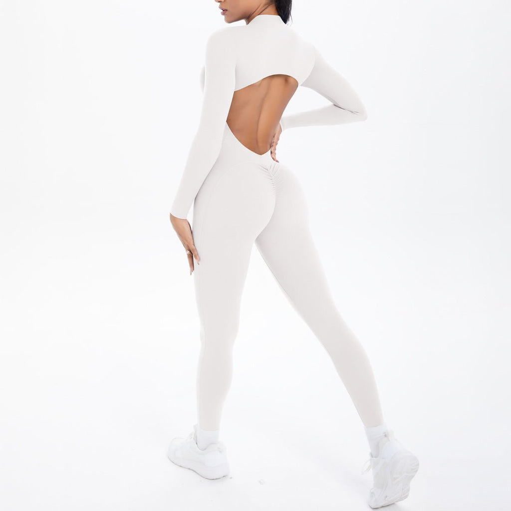 Style Half-Zip Yoga Jumpsuit, Bare-Skin Feel Slim Fit High Elastic Fitness Long Sleeve Long Pants Yoga Wear - Outdoors & Sports Tinker Time