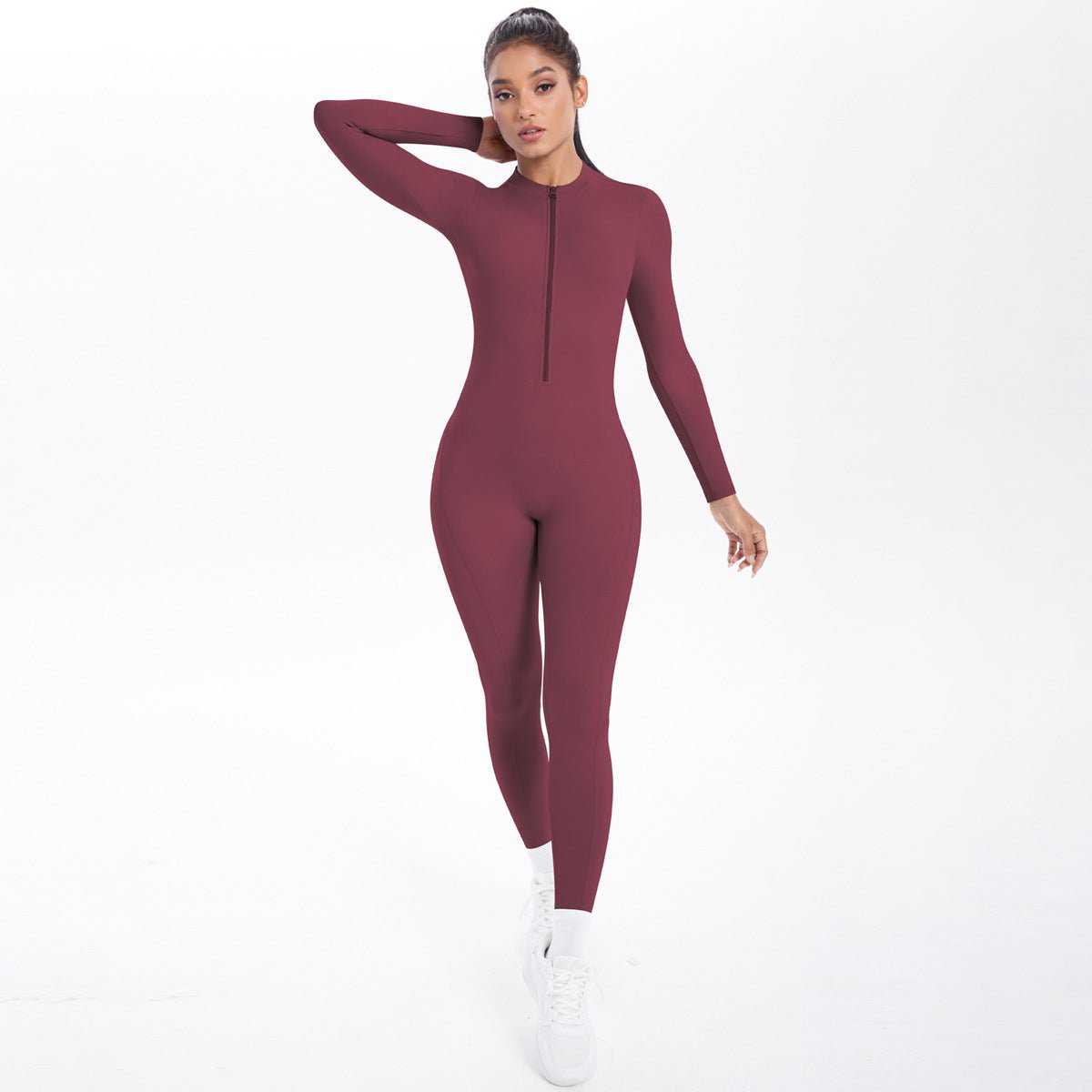 Style Half-Zip Yoga Jumpsuit, Bare-Skin Feel Slim Fit High Elastic Fitness Long Sleeve Long Pants Yoga Wear - Outdoors & Sports Tinker Time