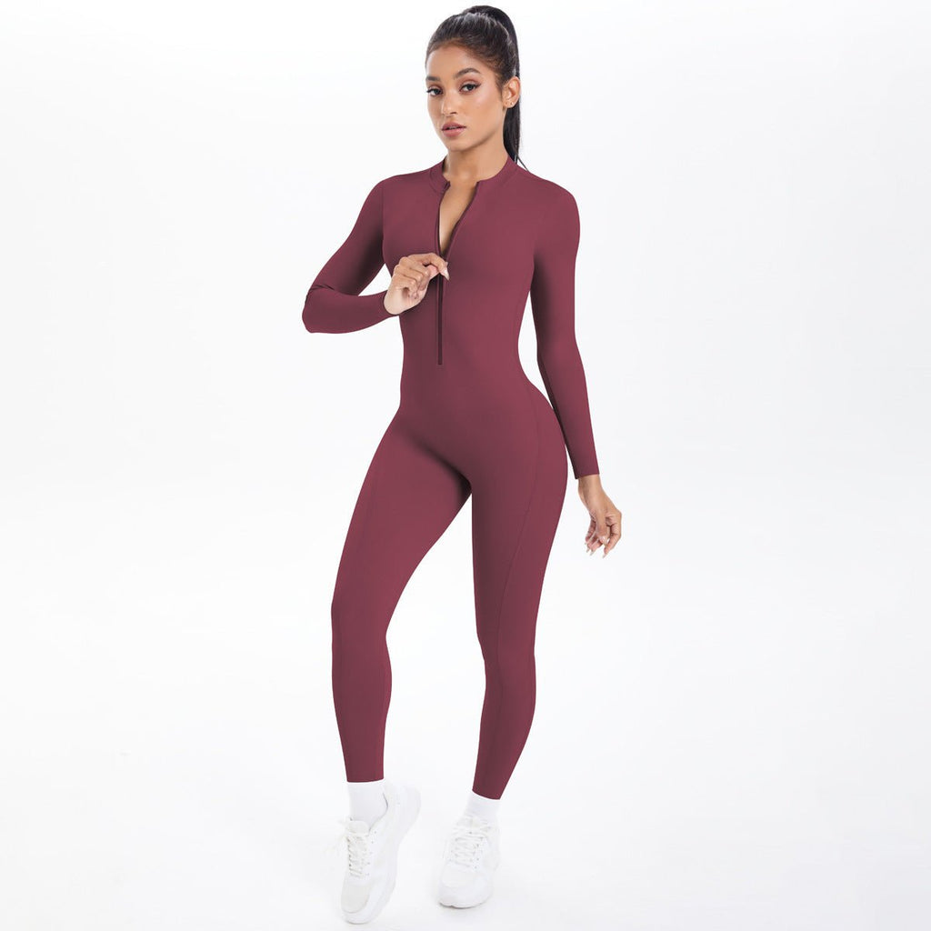 Style Half-Zip Yoga Jumpsuit, Bare-Skin Feel Slim Fit High Elastic Fitness Long Sleeve Long Pants Yoga Wear - Outdoors & Sports Tinker Time