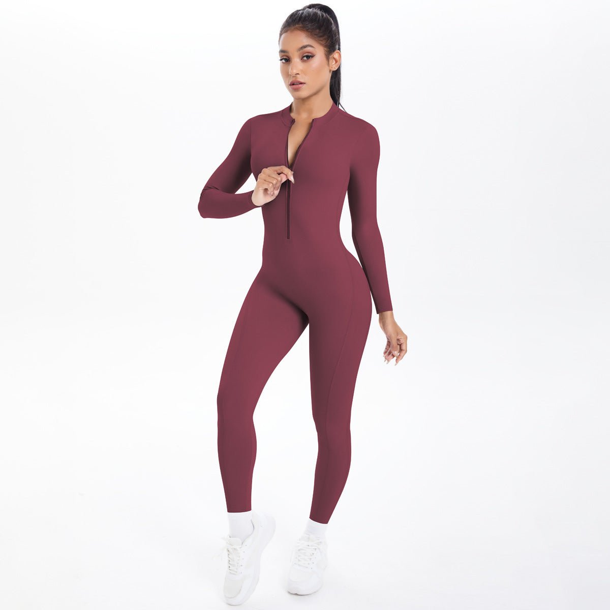 Style Half-Zip Yoga Jumpsuit, Bare-Skin Feel Slim Fit High Elastic Fitness Long Sleeve Long Pants Yoga Wear - Outdoors & Sports Tinker Time