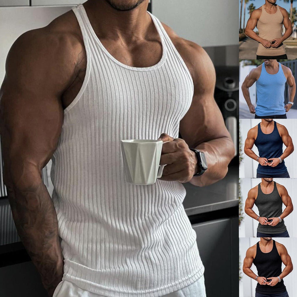 Summer Knitted Vertical Stripe Fitness Sports Leisure Slim Fit Mens Tank Top Mens Racerback Tank Top - Outdoors & Sports Tinker Time