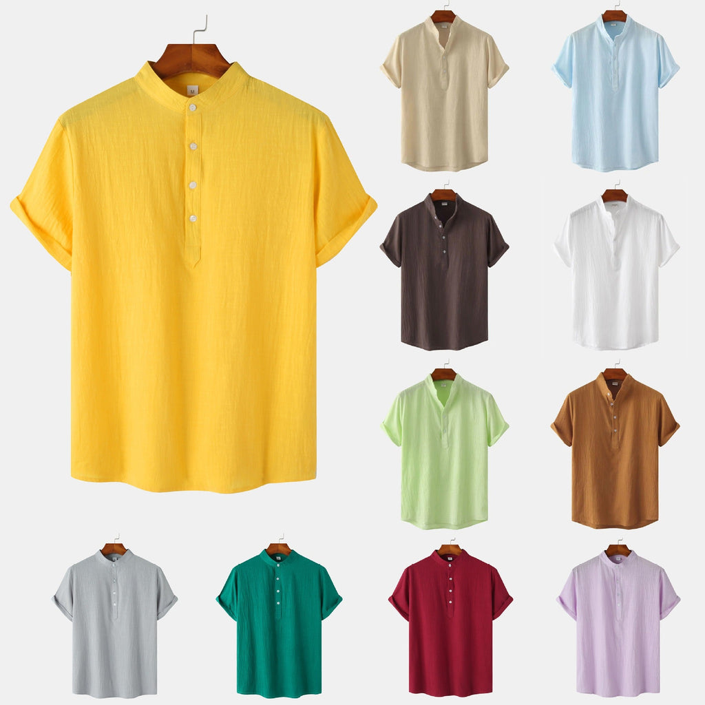 Summer Mens Cotton and Linen Standing Collar Casual Short Sleeved Shirt Beach T Shirt Shirt Mens Clothing - Outdoors & Sports Tinker Time