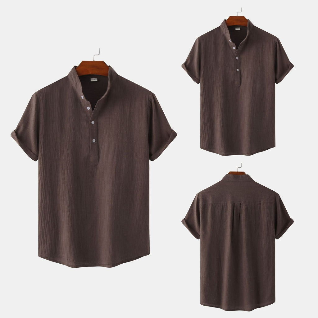 Summer Mens Cotton and Linen Standing Collar Casual Short Sleeved Shirt Beach T Shirt Shirt Mens Clothing - Outdoors & Sports Tinker Time