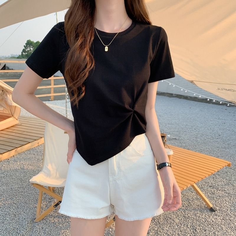 Summer scheming design sense niche half sleeved high waisted short top irregular short sleeved t-shirt for women - Outdoors & Sports Tinker Time