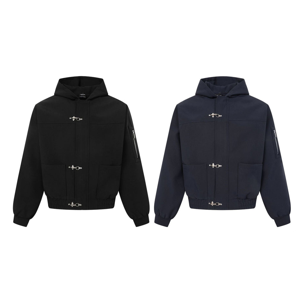 Techwear Utility Zipper Sleeve Metal Buckle Closure Hooded Loose Fit Unisex Windbreaker Jacket - Outdoors & Sports Tinker Time