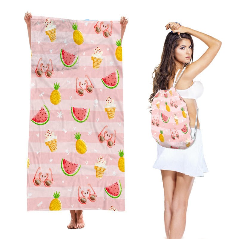 Two-in-One Beach Towel Backpack, Foldable Beach Towel Storage Bag, Microfiber Printed Beach Towel - Outdoors & Sports Tinker Time