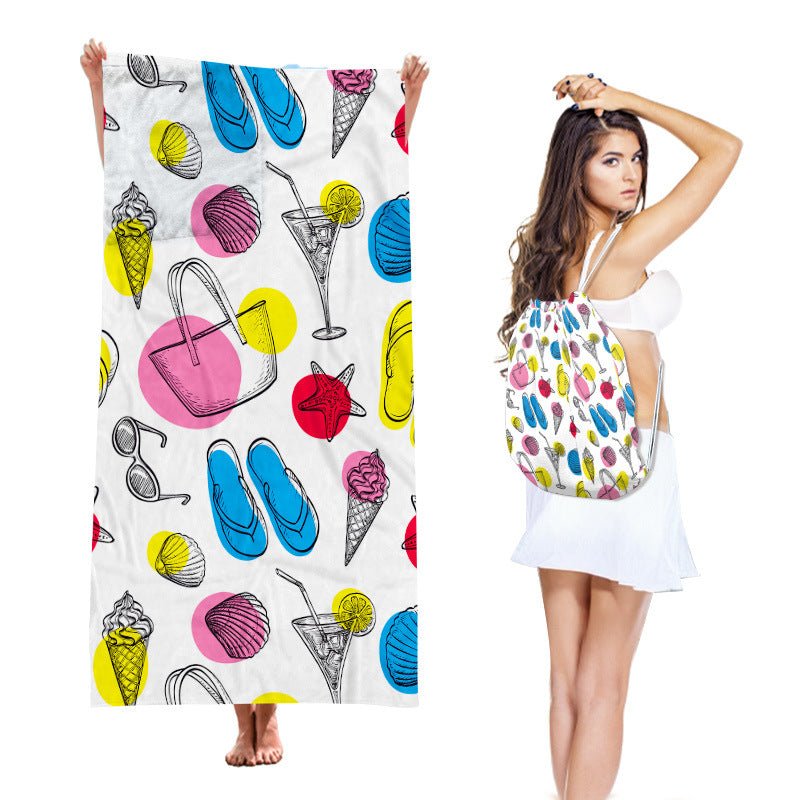 Two-in-One Beach Towel Backpack, Foldable Beach Towel Storage Bag, Microfiber Printed Beach Towel - Outdoors & Sports Tinker Time
